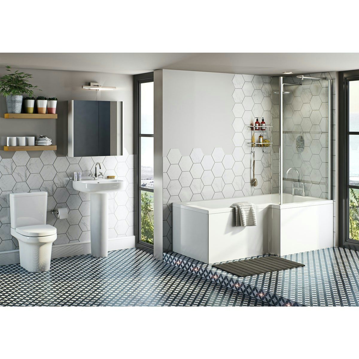 Mode Burton bathroom suite with right handed L shaped shower bath 1700 x 850