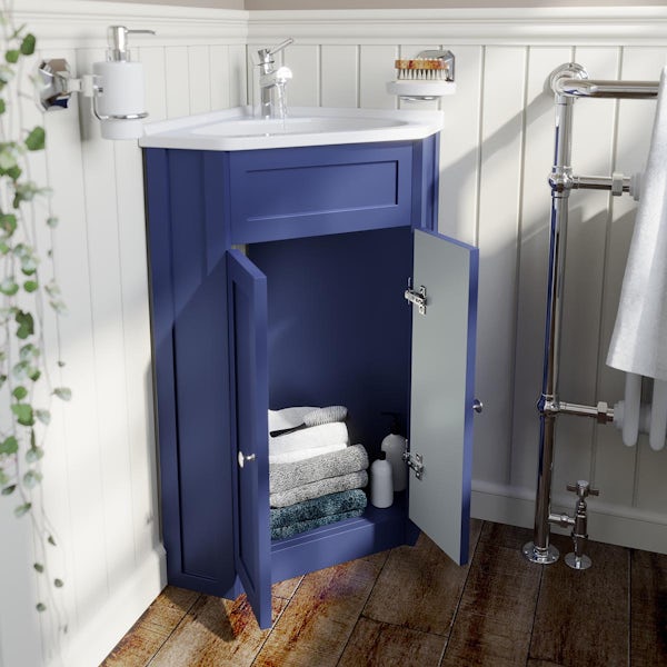 The Bath Co. Camberley navy corner floorstanding vanity unit and ceramic basin 580mm with tap