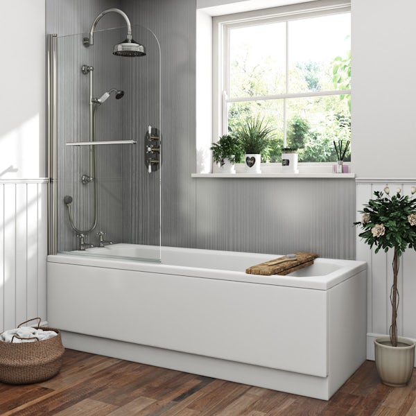 The Bath Co. Camberley 1700 x 700 shower bath with 6mm curved single screen and rail