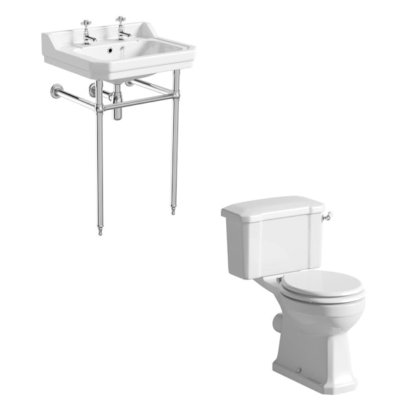 The Bath Co. Camberley cloakroom suite with white seat and washstand with basin