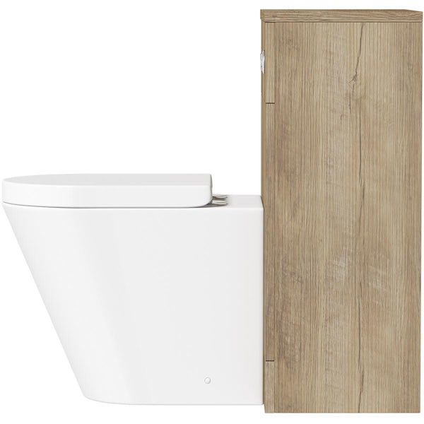 Orchard Lea oak slimline back to wall unit 500mm and Contemporary back to wall toilet with seat