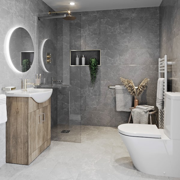 Mode 8mm left handed wet room suite with oak effect vanity unit and close coupled toilet 700mm