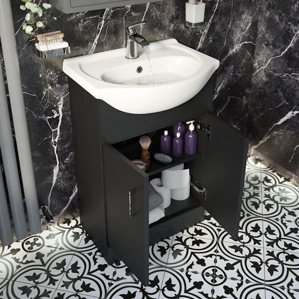 Orchard Lea soft black floorstanding vanity unit and ceramic basin 550mm