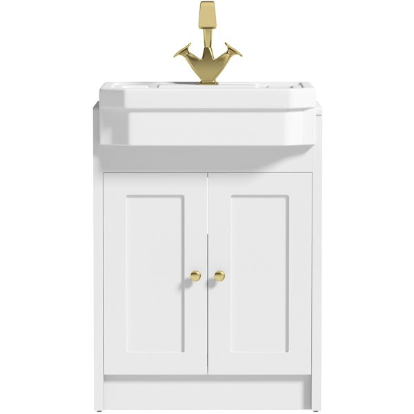 Orchard Dulwich matt white floorstanding vanity unit and Eton semi recessed basin 600mm - brushed brass