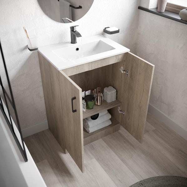 Orchard Lea oak floorstanding vanity unit with black handle 600mm and Derwent square close coupled toilet suite