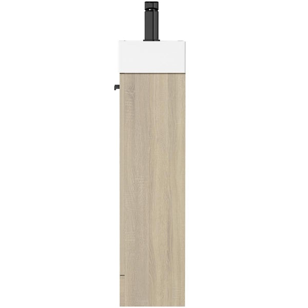Clarity Compact oak floorstanding vanity unit with black handles and basin 410mm