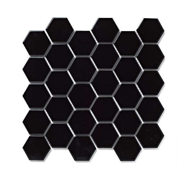 British Ceramic Tile Mosaic hex black gloss tile 300mm x 300mm - 1 sheet