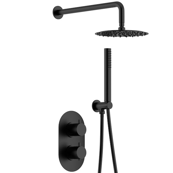 Orchard matt black round wall shower, handset and thermostatic twin valve set