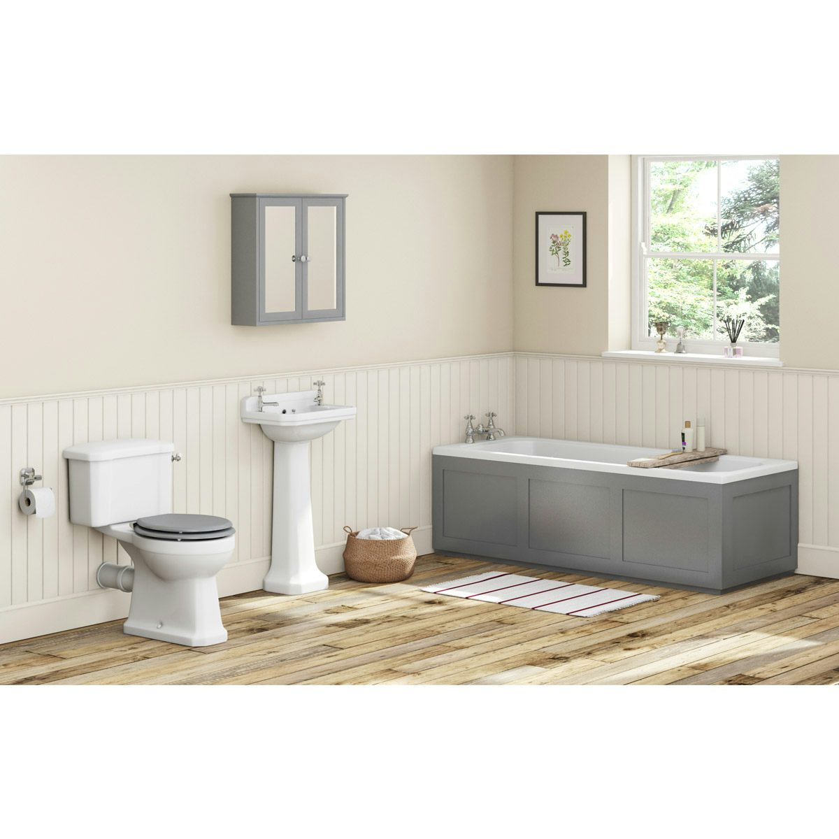 The Bath Co. Camberley bathroom suite with grey seat and straight bath 1700 x 700