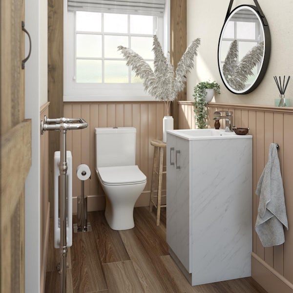 Orchard Lea marble floorstanding vanity unit 420mm and Derwent square close coupled toilet suite