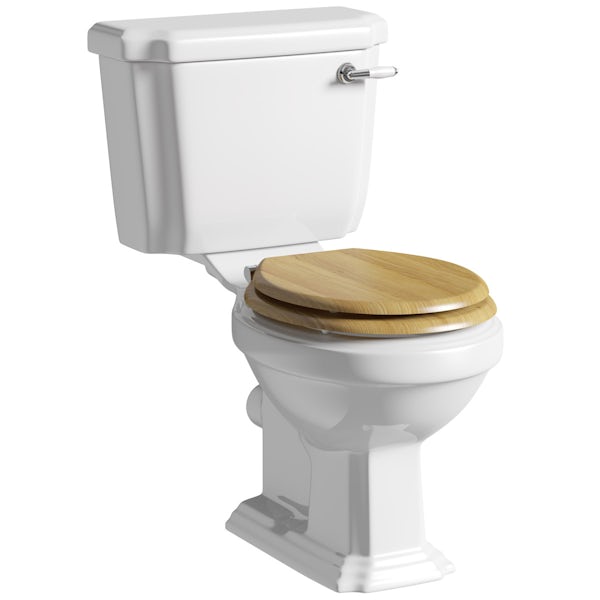 The Bath Co. Dulwich cloakroom suite with oak effect seat and full pedestal basin 571mm