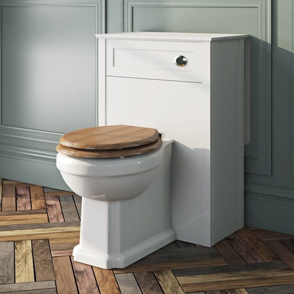 The Bath Co. Dulwich back to wall toilet with oak effect soft close seat, concealed cistern and push plate