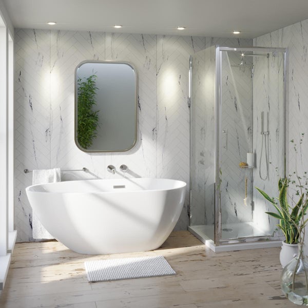 Showerwall white marble herringbone tile effect 2400 x 600