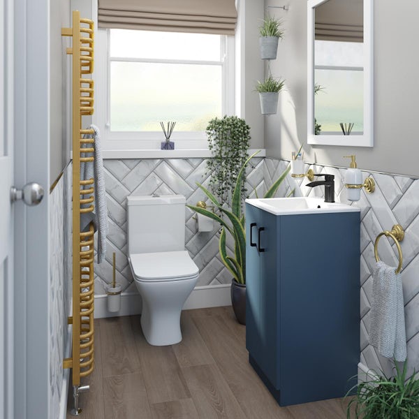 Orchard Lea ocean blue floorstanding vanity unit with black handle 420mm and Derwent square close coupled toilet suite