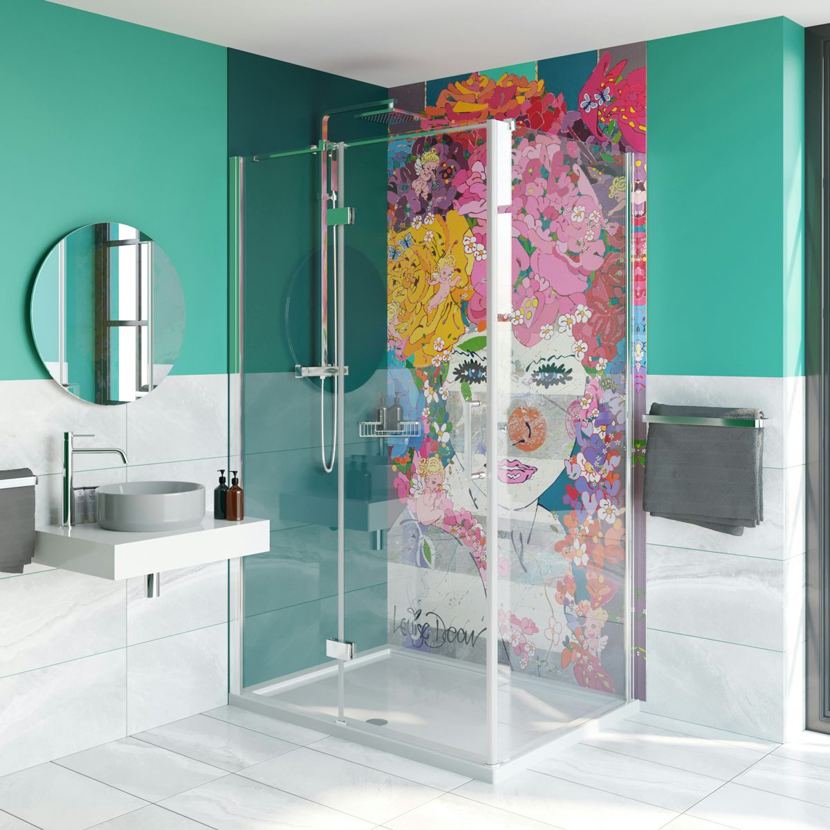 Louise Dear The Serenade Turquoise acrylic shower wall panel pack with hinged rectangular enclosure