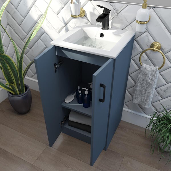 Orchard Lea ocean blue floorstanding vanity unit with black handle 420mm and Derwent square close coupled toilet suite