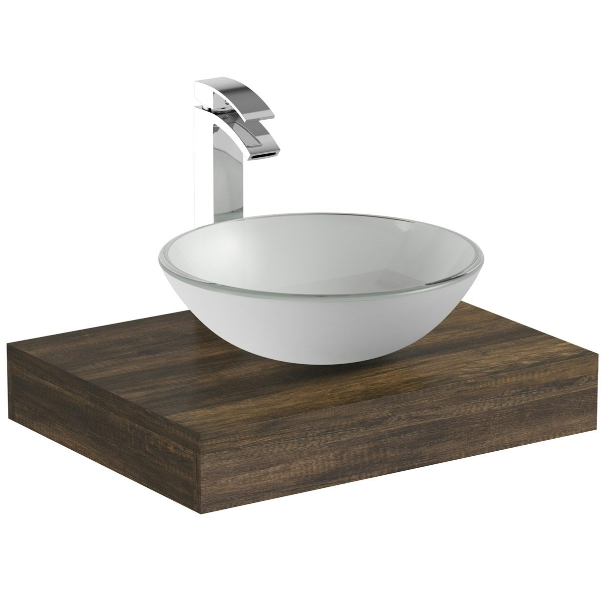The Bath Co. Dalston countertop shelf 600mm with Mackintosh white glass countertop basin, tap and waste