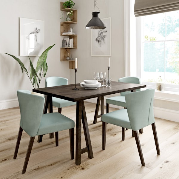 Hudson walnut trestle table with 4 x Hudson light cyan dining chairs