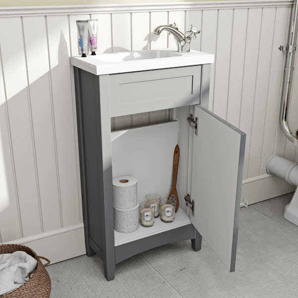 The Bath Co. Camberley satin grey cloakroom floorstanding vanity unit and basin 460mm