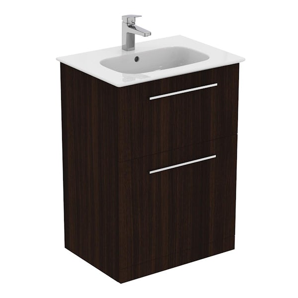 Ideal Standard i.life A coffee oak floorstanding vanity unit with 2 drawers and brushed chrome handles 640mm