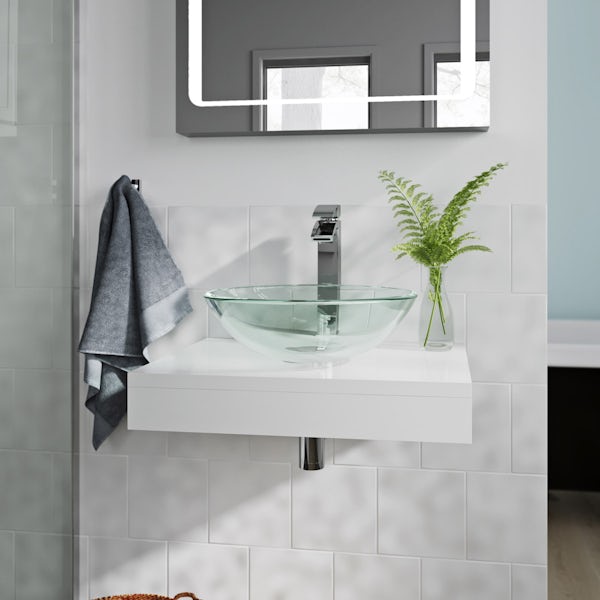 Mode Orion white countertop shelf with Mackintosh basin, tap and waste