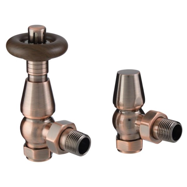 The Heating Co. Traditional thermostatic angled radiator valves with lockshield - antique copper