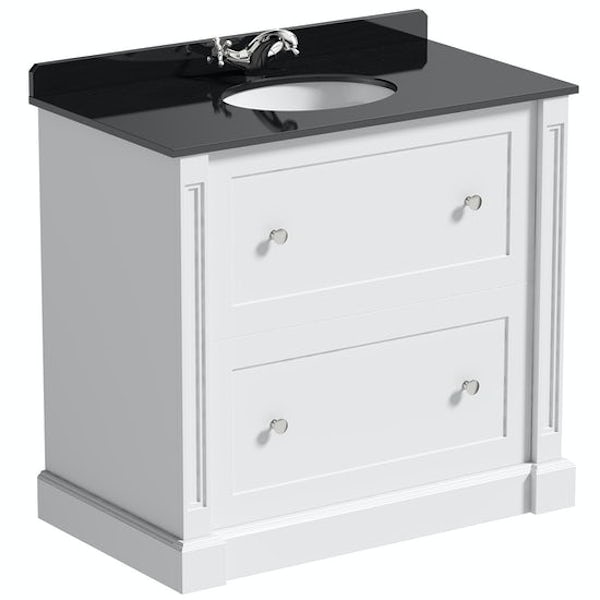 The Bath Co. Camberley toilet and Burghley vanity unit black and white