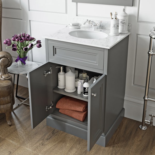 The Bath Co. Chartham slate grey floorstanding vanity unit and white marble basin 600mm with mirror