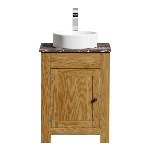 The Bath Co. Chester oak washstand with brown marble top and Calhoun basin 600mm
