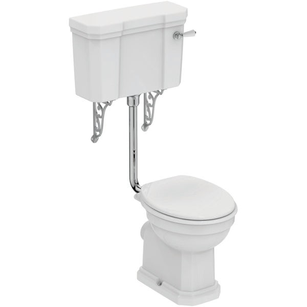 Ideal Standard Waverley low level toilet with ornate brackets and white toilet seat