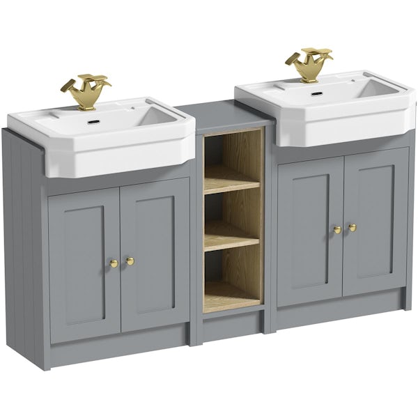 Orchard Dulwich stone grey floorstanding double vanity unit and Eton basin with open storage combination - brushed brass