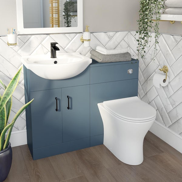 Orchard Lea ocean blue furniture combination with black handle and Derwent round back to wall toilet with seat