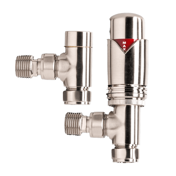 The Heating Co. Thermostatic angled radiator valves with lockshield - brushed nickel