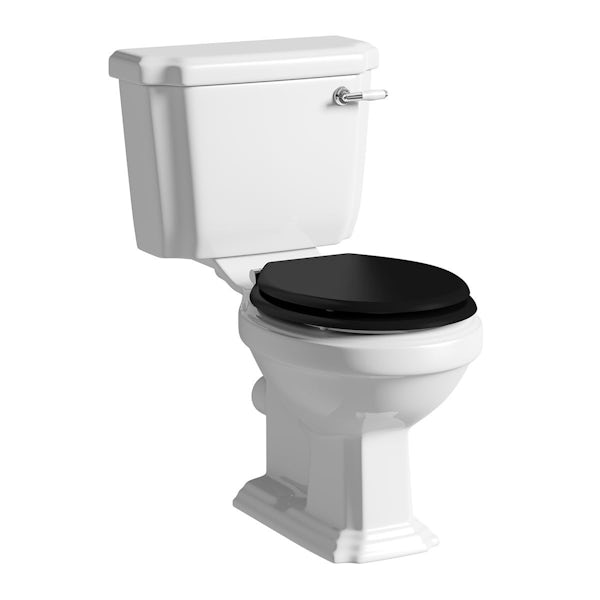 Orchard Dulwich cloakroom suite with black seat and full pedestal basin 615mm