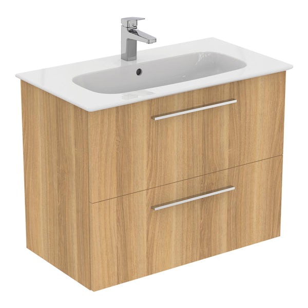 Ideal Standard i.life A natural oak wall hung vanity unit with 2 drawers and brushed chrome handles 840mm