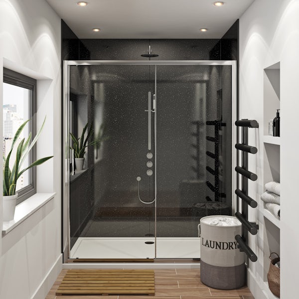 Mode Hardy shower door pack 1700 x 700 with Multipanel Economy Moonlit quartz shower wall panels