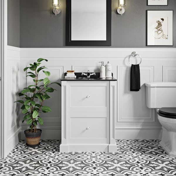 The Bath Co. Burghley matt white floorstanding vanity unit and black marble basin 650mm