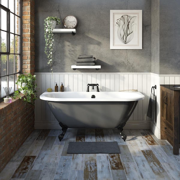 The Bath Co. Dalston grey back to wall freestanding bath with matt black ball and claw feet
