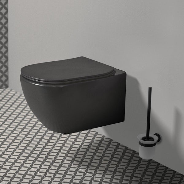 Ideal Standard silk black wall hung toilet with soft close seat, Oleas M1 flush plate & accessories