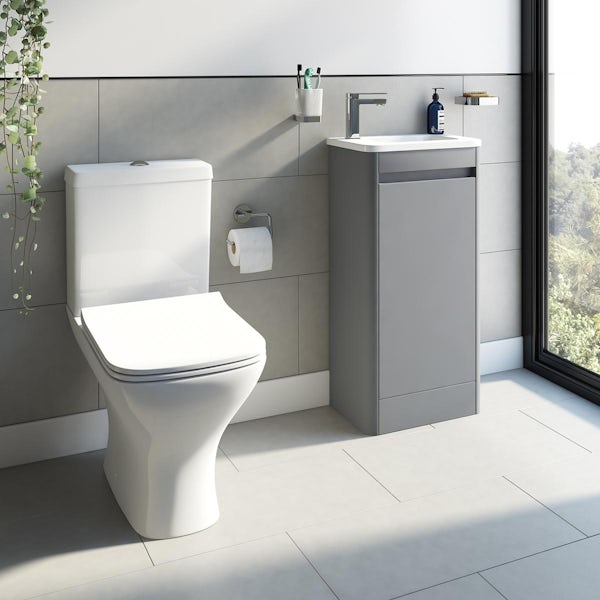 Mode De Gale compact grey floorstanding vanity unit left hand with compact close coupled toilet