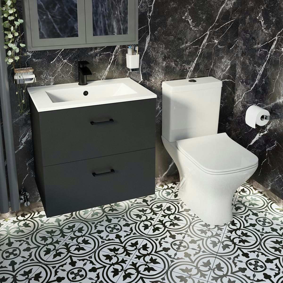 Orchard Lea soft black wall hung vanity unit with black handle 600mm and Derwent square close coupled toilet suite