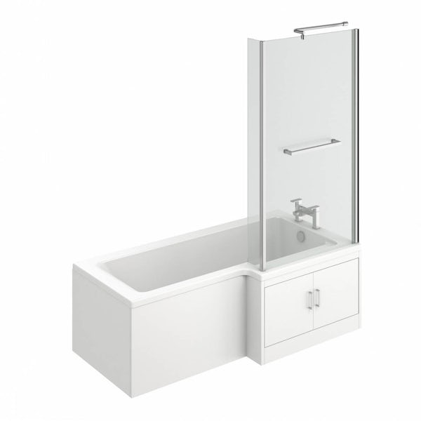 MySpace Water Saving L Shape Shower Bath Right Hand with Storage Panel & 6mm Screen with Towel Rail