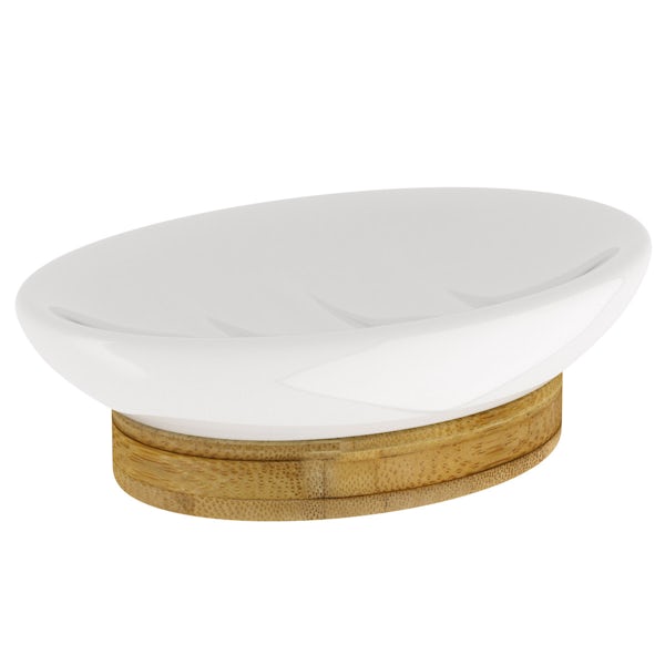 Fusion white and bamboo soap dish