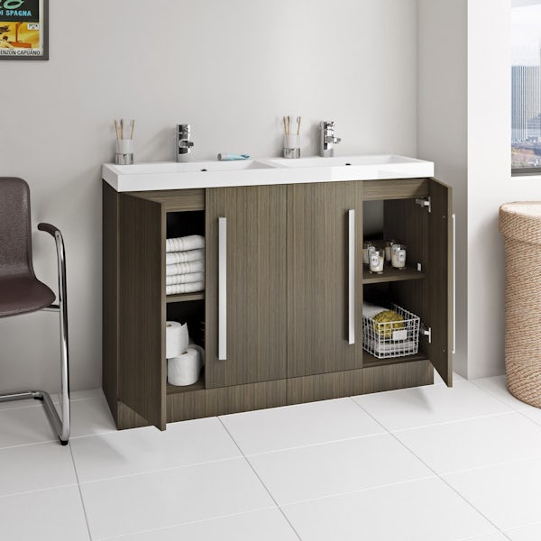 Orchard Wye walnut floorstanding double vanity unit and basin 1200mm with tap