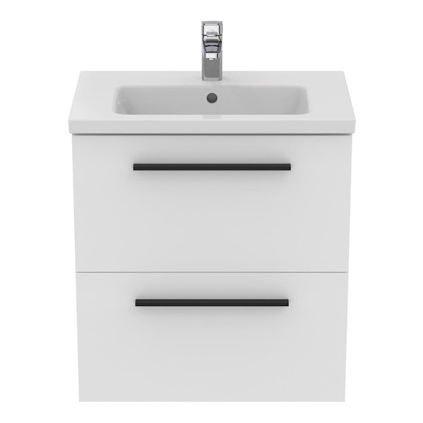 Ideal Standard i.life S matt white wall hung vanity unit with 2 drawers and black handle 600mm