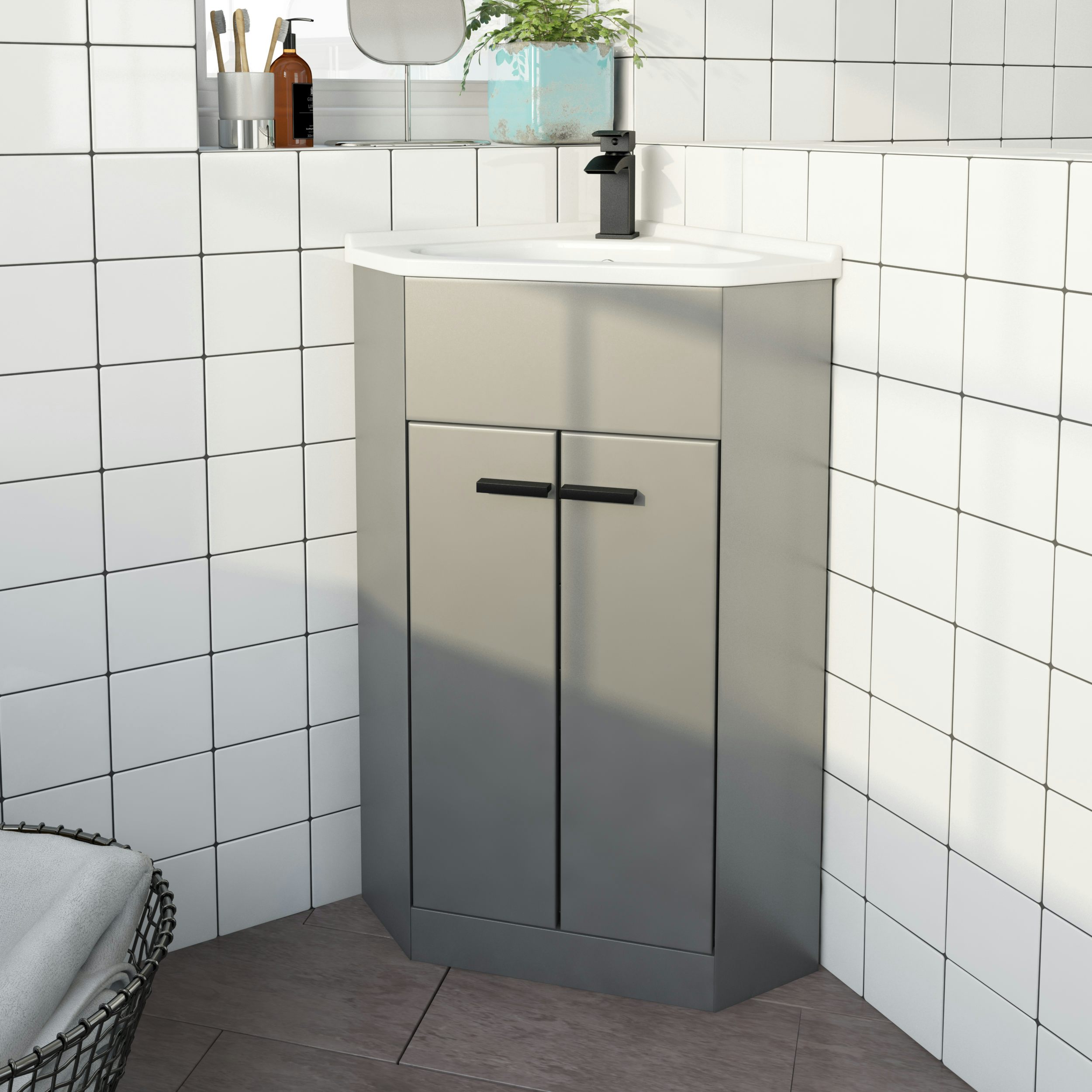 Clarity Compact satin grey corner floorstanding vanity unit and ceramic basin 580mm with tap and black handles