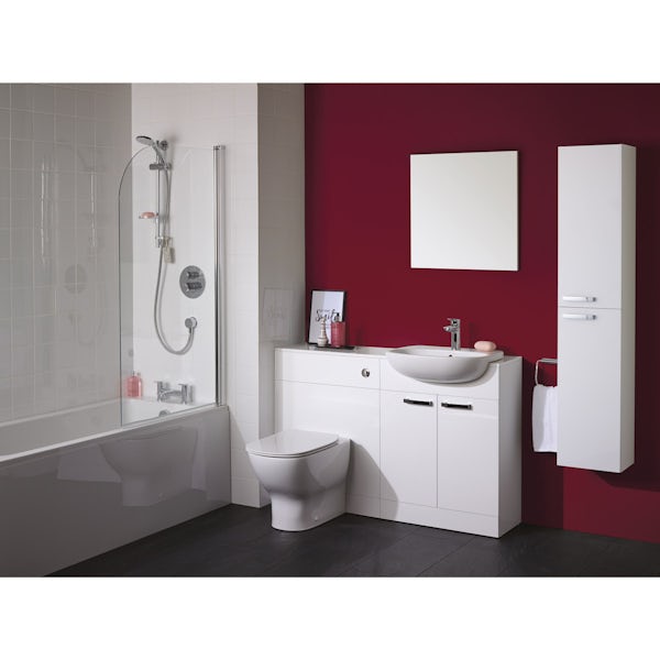 Ideal Standard Tempo gloss white back to wall unit, concealed cistern, push button and toilet with soft close seat