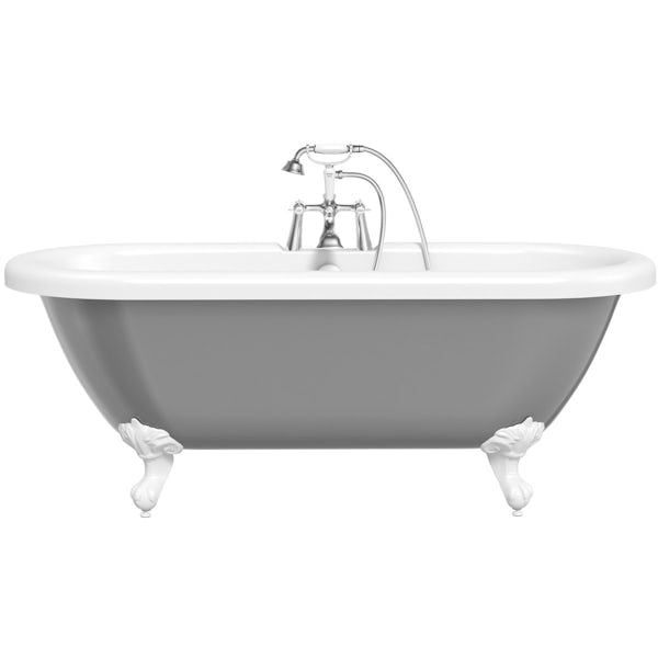 The Bath Co. Dulwich grey roll top bath with white ball and claw feet offer pack