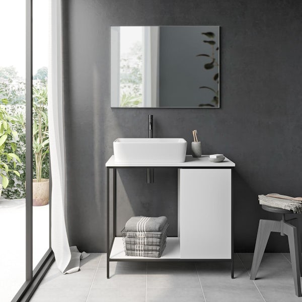 Mode Bergne white washstand and black steel frame 812mm with Ellis countertop basin, tap, waste and trap