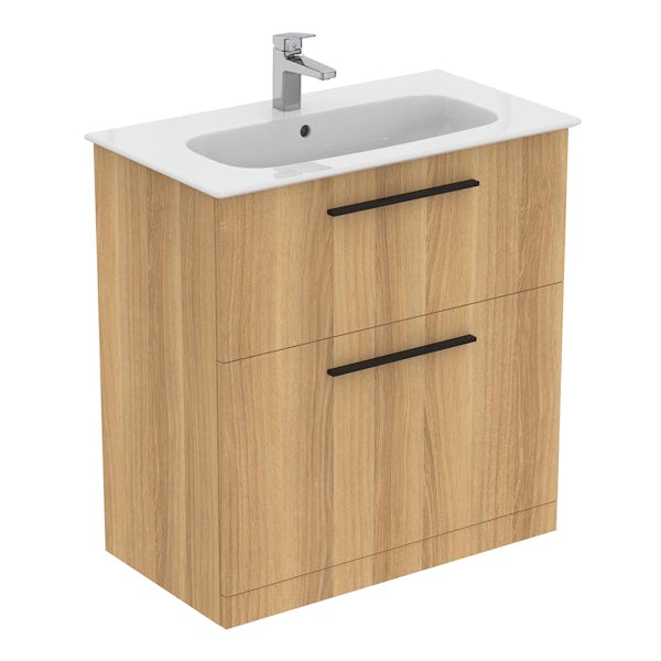 Ideal Standard i.life A natural oak floorstanding vanity unit with 2 drawers and black handles 840mm